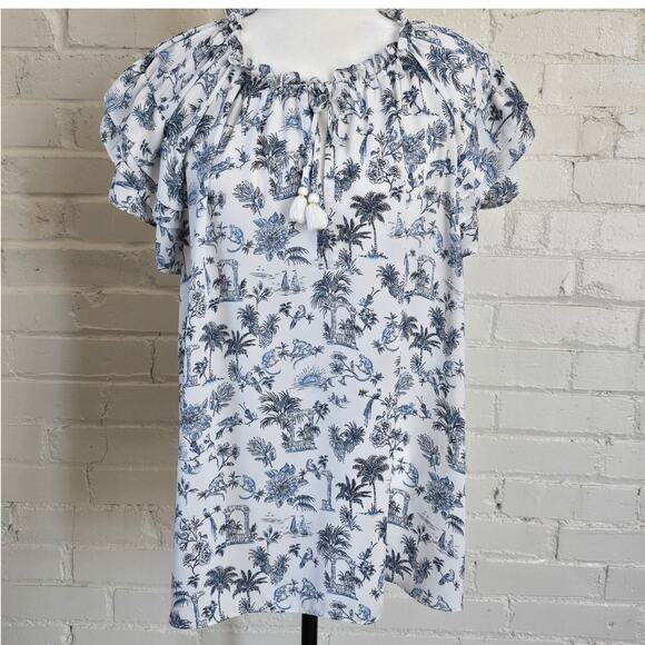 Rose & Olive Tops - Rose + Olive Coastal Blue White Tropical Toile Flutter Sleeve Tassel Neck Blouse